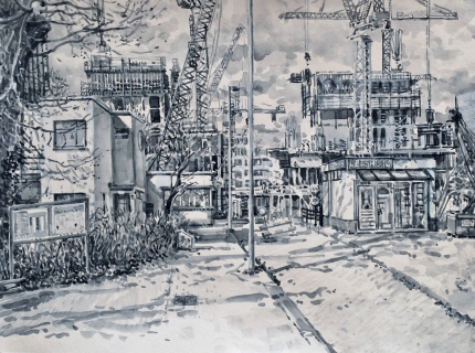 Bij Tolhuistuin, Amsterdam Noord, sumi-inkt, 30 x 40 cm, 3/2021, encre sumi, Amsterdam