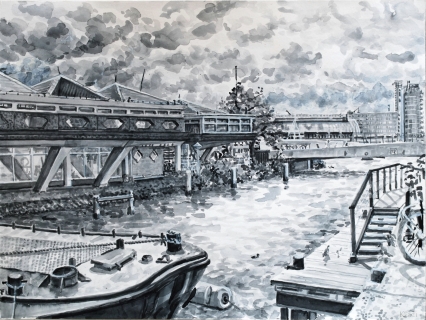 Restaurant THT, Amsterdam Noord, sumi-inkt, 30 x 40 cm, 9/2021, encre sumi, Amsterdam