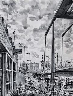 Jip Golsteijnbrug, Amsterdam Noord, sumi-inkt, 40 x 30 cm, 9/2021, encre sumi, Amsterdam