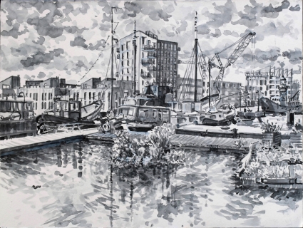 Uitzicht terras Café de Ceuvel, Amsterdam Noord, sumi-inkt, 30 x 40 cm, 9/2021, encre sumi, Amsterdam