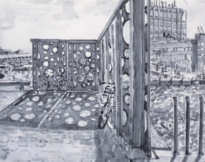 Windscherm voor Paleis van Justitie, Amsterdam, sumi-inkt, 30 x 40 cm, 3/2022, encre sumi, Amsterdam