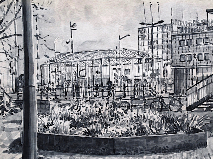 Westerdoksplein Amsterdam, sumi-inkt, 19 x 25 cm, 3/2022, encre sumi, Amsterdam