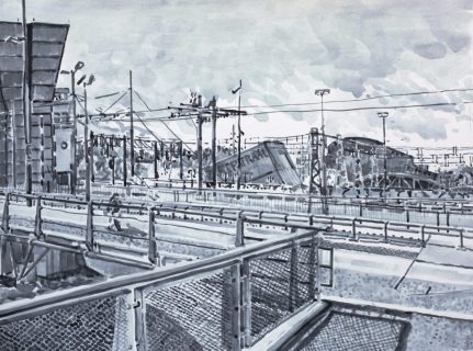 Prins Hendrikkade, Amsterdam, sumi-inkt, 30 x 40 cm, 6/2022, encre sumi, Amsterdam