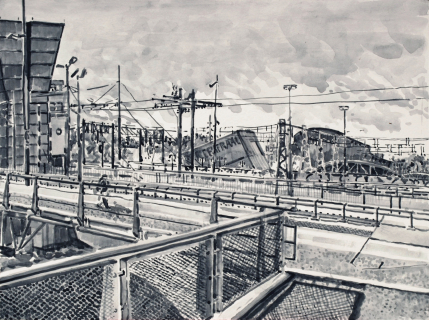 Prins Hendrikkade, Amsterdam, sumi-inkt, 30 x 40 cm, 6/2022, encre sumi, Amsterdam