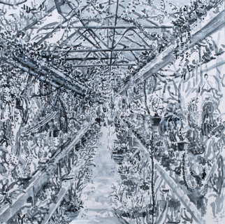 Botanische Tuin Zuidas, sumi-inkt, 30 x 30 cm, 2023, encre sumi, Jardin Botanique