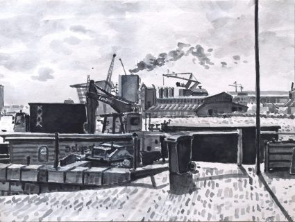 Recyclepunt Toetsenbordweg Amsterdam, sumi-inkt, 18 x 14 cm, 3/2024, encre sumi, Amsterdam