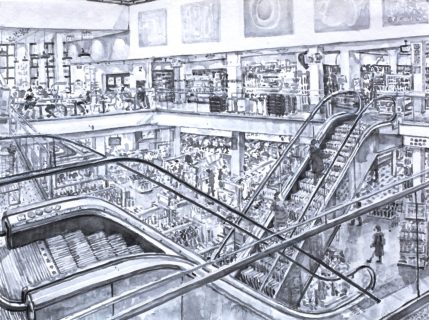 Hema Nieuwendijk Amsterdam, sumi-inkt, 30 x 40 cm, 2/2025, encre sumi, Amsterdam