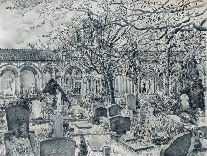 Begraafplaats St.Petrus Banden, Den Haag, sumi-inkt, 30 x 40 cm, 4/2023, encre sumi, La Haye