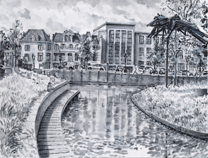 Gerry de Kraai op de Koningskade, Den Haag, sumi-inkt, 30 x 40 cm, 5/2023, encre sumi, La Haye