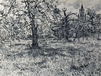 Oude Joodse Begraafplaats, Den Haag, sumi-inkt, 30 x 40 cm, 5/2023, encre sumi, Cimetière juif à La Haye