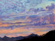 Zonsondergang, olieverf, 19 x 25 cm, 6/2005, huile, Coucher de soleil