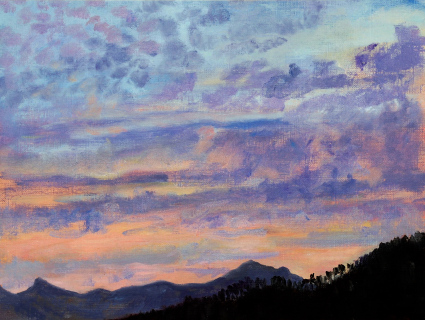 Zonsondergang, olieverf, 19 x 25 cm, 6/2005, huile, Coucher de soleil