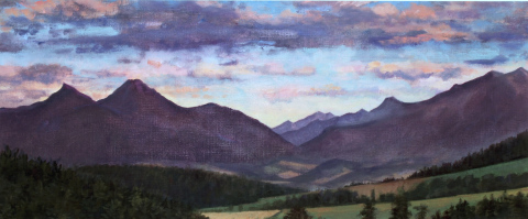 Zonsondergang, olieverf, 19 x 46 cm, 8/2006, huile, Coucher de soleil derrière l’Aup et le Rognon