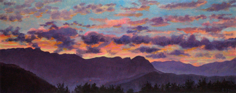 Zonsondergang, olieverf, 19 x 46 cm, 8/2006, huile, Coucher de soleil derrière le Vercors