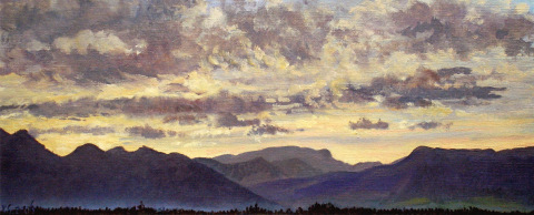 Zonsondergang, olieverf, 19 x 46 cm, 10/2006, huile, Coucher de soleil derrière le Vercors