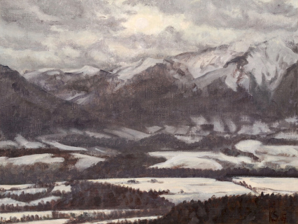 Winterzon, olieverf, 19 x 25 cm, 1/2007, huile, Soleil d’hiver à Charvet