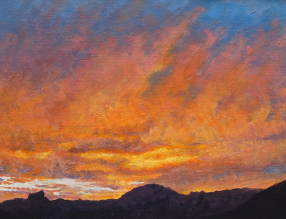 Zonsondergang, olieverf, 19 x 25 cm, 10/2009, huile, Coucher de soleil derrière le Vercors