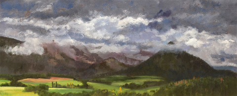 De Grd Ferrand in de wolken, olieverf, 19 x 46 cm, 6/2010, huile, Le Grd Ferrand dans les nuages