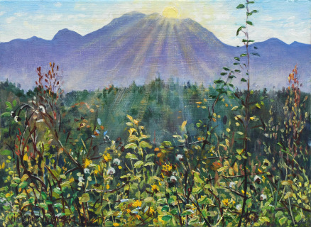 Zonsondergang, olieverf, 20 x 28 cm, 11/2014, huile, Le soleil se couche derrière l’Aup