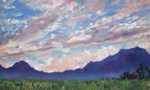 Zonsondergang, olieverf, 23 x 38 cm, 10/2015, huile, Coucher de soleil au Col du Thaud