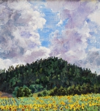 Zonnebloemen van Eric, olieverf, 21 x 19 cm, 7/2017, huile, Tournesols d’Eric sur le Col de Cornillon