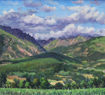 Uitzicht Masserange, olieverf, 29 x 31 cm, 8/2017, huile, Vue de Masserange direction Valbonnais