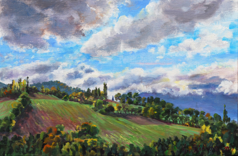 Kerktoren Lavars, olieverf, 19 x 29 cm, 10/2017, huile, Le clocher de Lavars