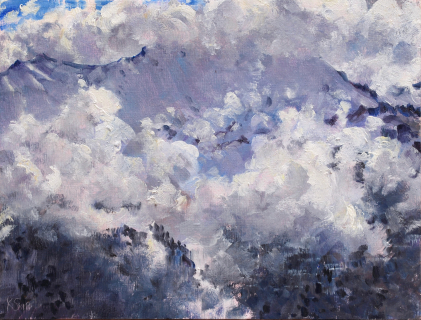 Obiou in de mist,  olieverf, 19 x 25 cm, 4/2018, huile, L’Obiou dans la brume
