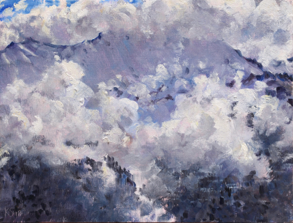Obiou in de mist,  olieverf, 19 x 25 cm, 4/2018, huile, L’Obiou dans la brume