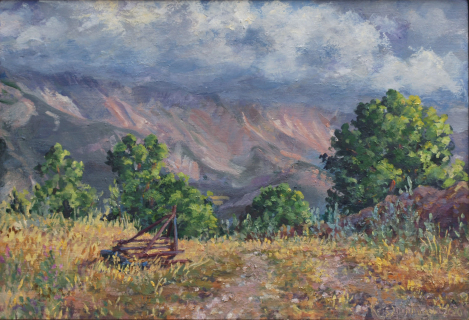 Obiou in de wolken, olieverf , 24 x 35 cm, 8/2020, huile, L'Obiou dans les nuages