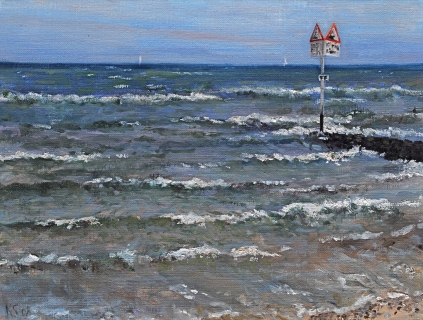 Zee bij Den Haag, olieverf, 19 x 25 cm, 7/2008, huile, La mer à La Haye