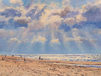 Strand bij Egmond, olieverf, 19 x 25 cm, 7/2008, huile, Plage à Egmond