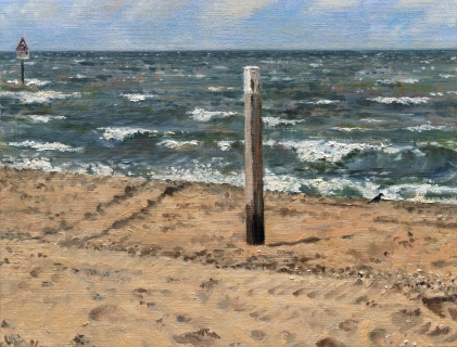 Strand bij Den Haag, olieverf, 19 x 25 cm, 4/2009, huile, Plage à La Haye