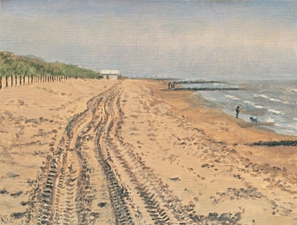 Het Stille Strand bij Den Haag, olieverf, 19 x 25 cm, 4/2009, huile, Plage à La Haye