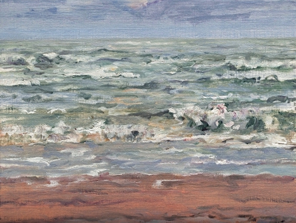 Zee bij Bergen, olieverf, 19 x 25 cm, 9/2014, huile, La mer à Bergen