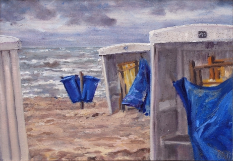 Strand Katwijk, olieverf, 19 x 25 cm, 7/2017, huile, Plage à Katwijk