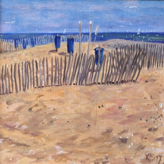 Stand bij de uitwatering van Katwijk, olieverf, 20 x 20 cm, 7/2017, huile, Plage à Katwijk