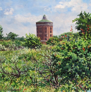 Watertoren Katwijk, olieverf, 30 x 30 cm, 6/2018, huile, Château d’eau, Katwijk