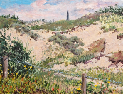 Kerktoren Katwijk, olieverf, 19 x 25 cm, 6/2018, huile, Le clocher de Katwijk