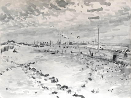 Stille Strand Den Haag, sumi-inkt , 18 x 24 cm, 6/2020, encre sumi, Plage La Haye