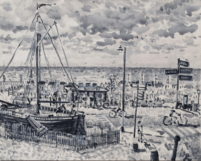 Zuideboulevard Katwijk, sumi-inkt, 24 x 30 cm, 6/2023, encre sumi,  Katwijk