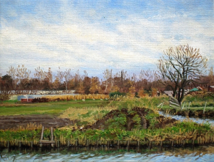 Weilanden bij Hillegom, olieverf, 19 x 25 cm, 2/2007, huile, Des prés à Hillegom