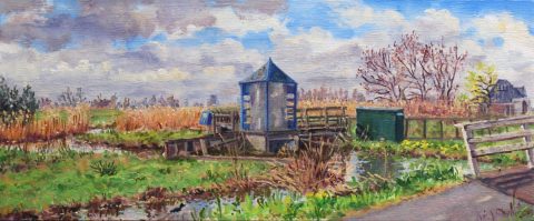 Gemaal bij Zuiderwoude, olieverf, 19 x 46 cm, 3/2025, huile, Zuiderwoude
