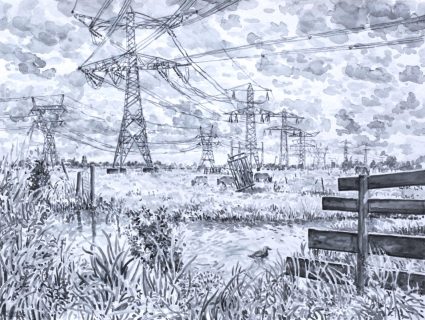 Waterland bij Zunderdorp, sumi-inkt, 30 x 40 cm, 8/2025, encre sumi, Waterland