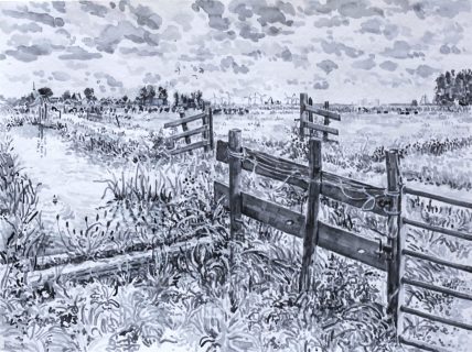 Uiterdammerdijk, sumi-inkt, 30 x 40 cm, 8/2025, encre sumi, Waterland