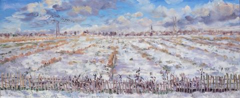 Torenspits Broek in Waterland, olieverf, 19 x 46 cm, 1/2026, huile, La flèche de l'église de Broek in Waterland