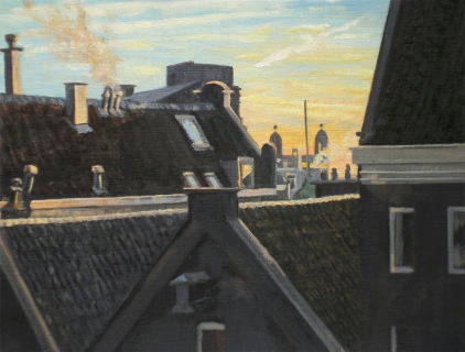 Torentjes Damrak 22, vanuit Spuistraat, A’dam, olieverf, 19 x 25 cm, 1/2007, huile, Amsterdam