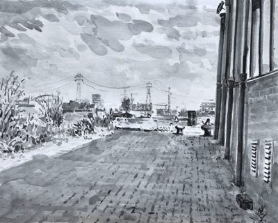 Bij pont Zamenhofstraat, Amsterdam, sumi-inkt , 24 x 30 cm, 6/2020, encre sumi, Amsterdam