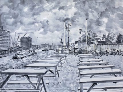 Uitzicht F.C. Hyena, Amsterdam,  sumi-ink, 30 x 40 cm, 6/2020, sumi-ink, Amsterdam