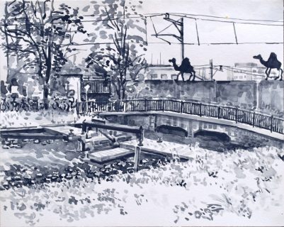 Fata Morgana op de Spoorbrug Ringvaart Amsterdam, sumi-inkt , 24 x 30 cm, 9/2020, encre sumi, Amsterdam